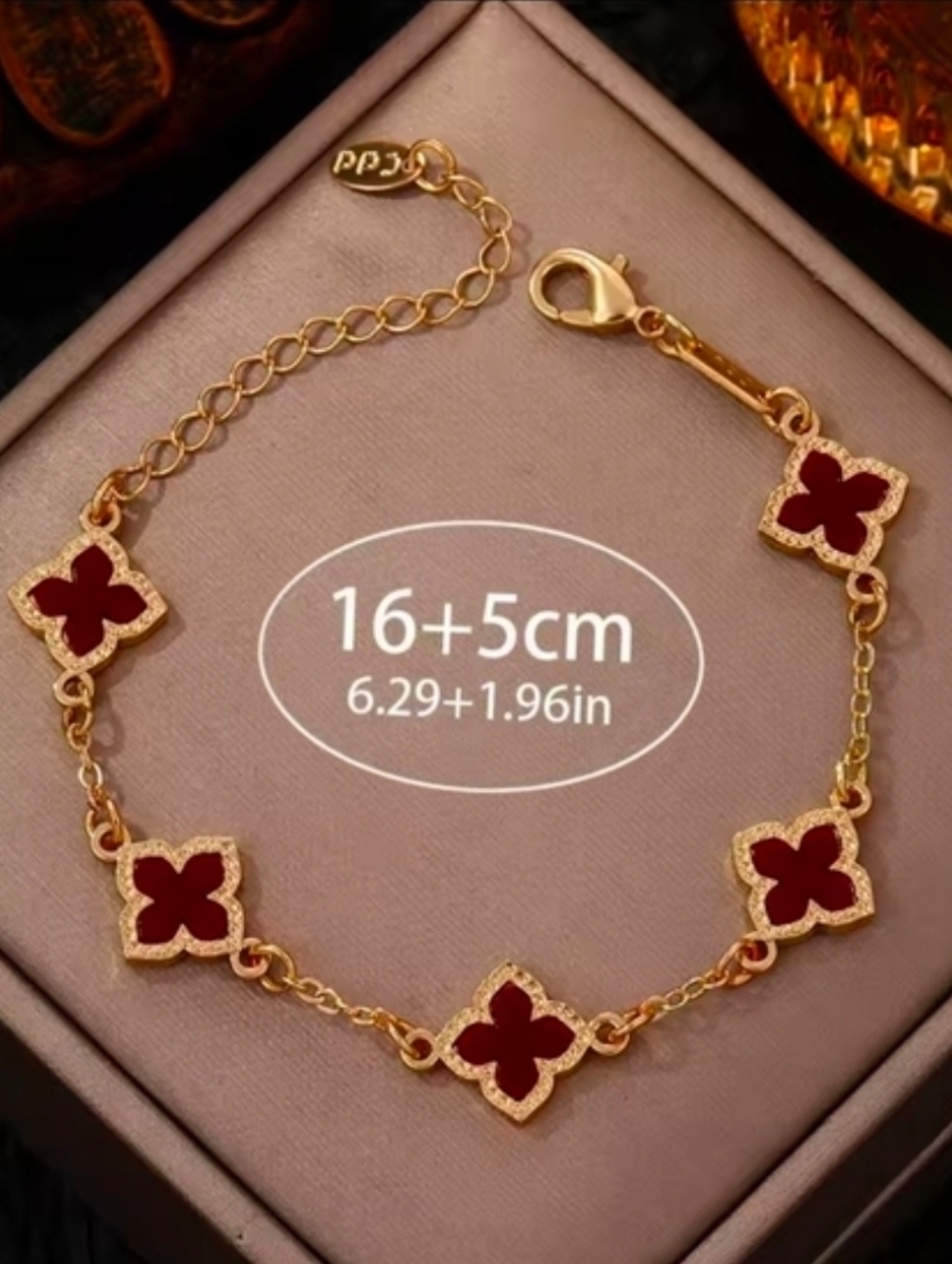 Gold-Tone Bracelet with Red Clover Motifs - Picture 2 of 3